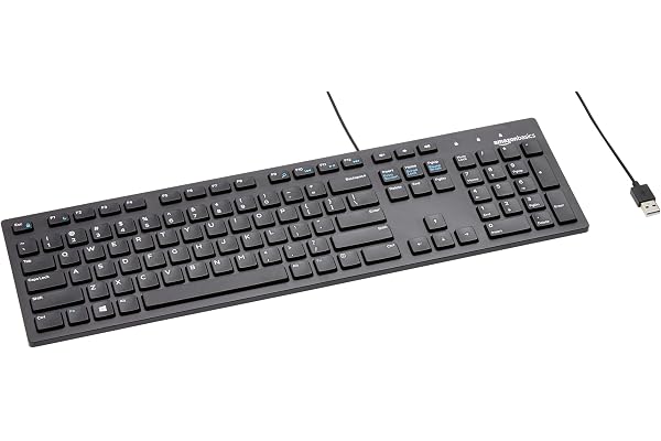 Amazon Basics Wired QWERTY Keyboard — Full-size wired keyboard with media controls